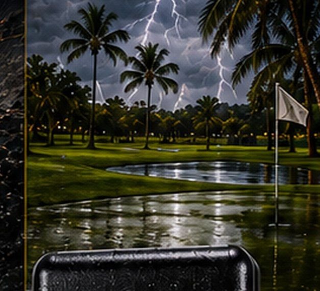 Campo de golf con palmeras y rayos al fondo