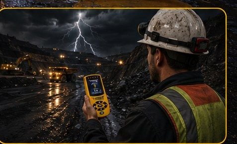 Operario en mina usando el StrikeAlert HD durante una tormenta