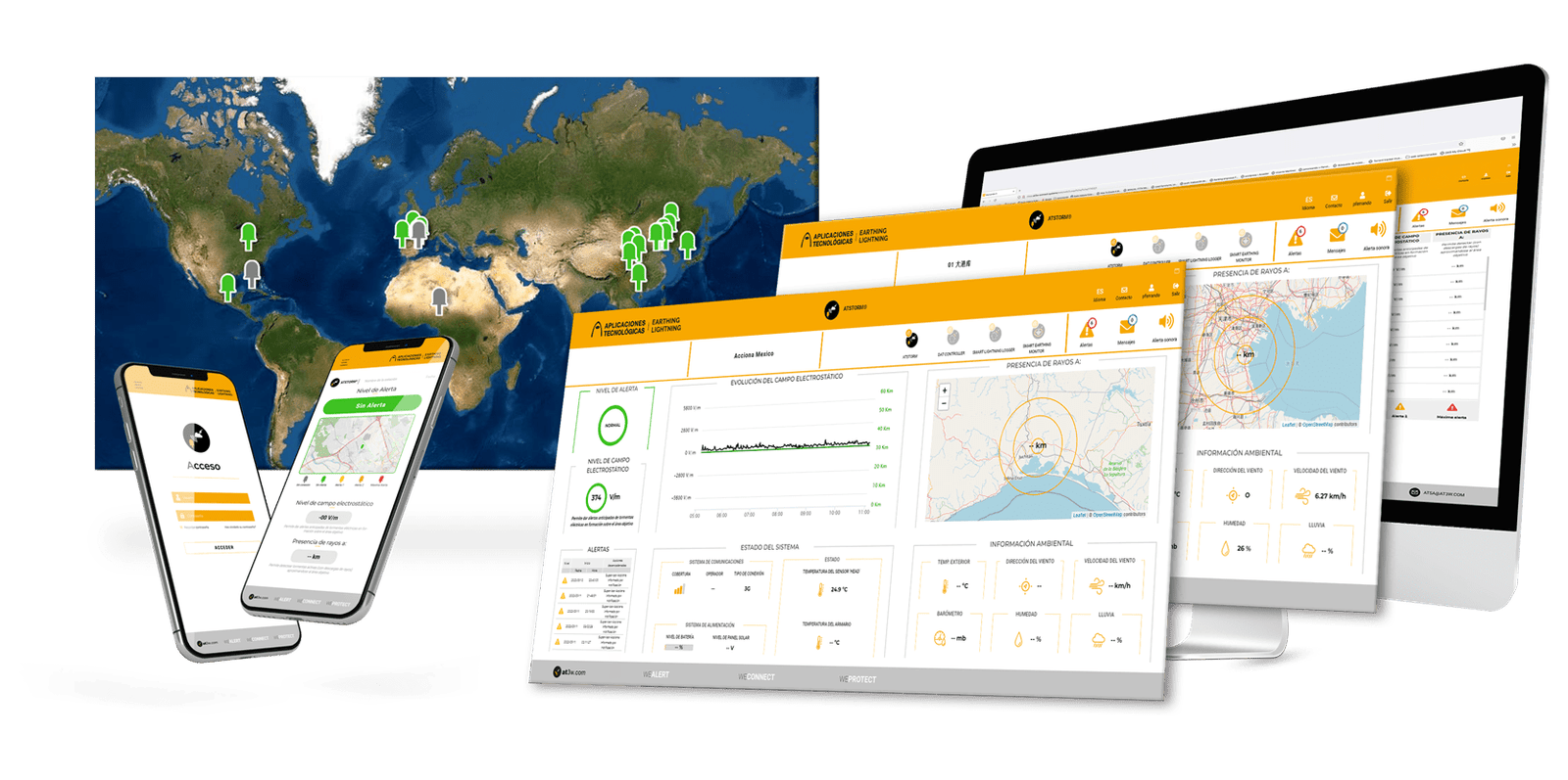 Pantallas de la plataforma ATSTORM-Connect: app móvil, portal web con evolución del campo electrostático, mapa de rayos y estado del sistema